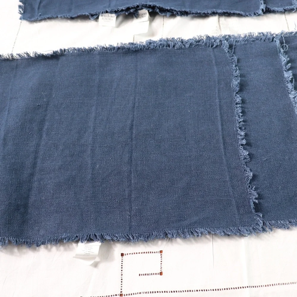 Williams Sonoma Woven Linen Navy Blue Placemats with Fringed Edge Set of 8